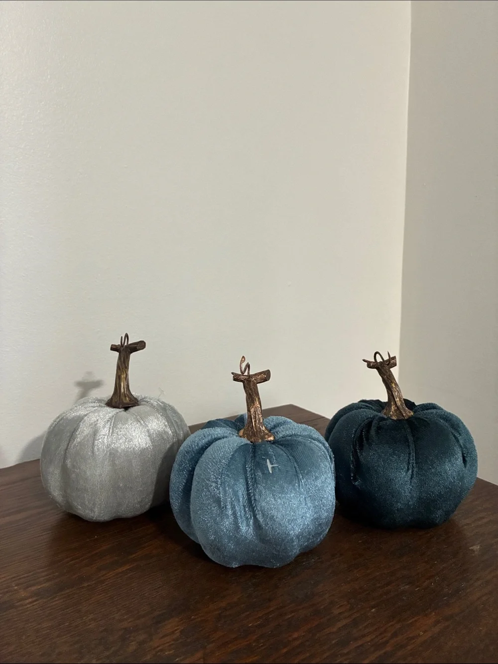 NWT Set of 3- Velvet Pumpkins- Dark Blue, Silver, Teal Fall Holiday Decorations